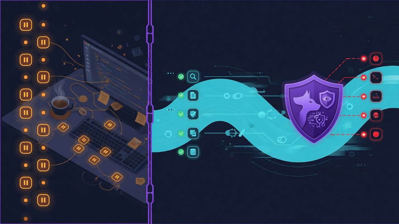 Split illustration: left, a desk buried in pause interruptions; right, continuous work flowing through a watchdog shield
