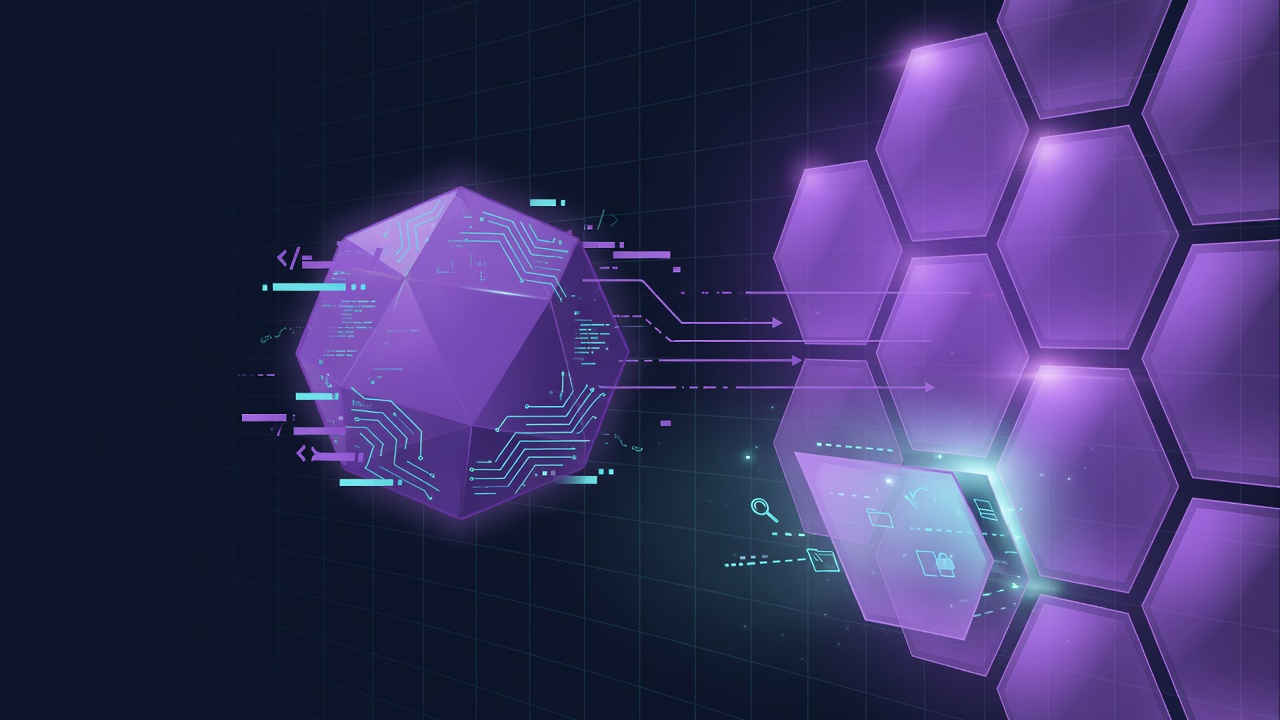 Abstract AI coding agent blocked by a violet permission gate, with a cyan path open for safe tools