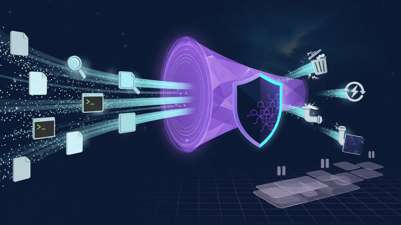 Funnel of tools entering a violet policy filter; safe tools pass as cyan light, dangerous tools bounce off a shield