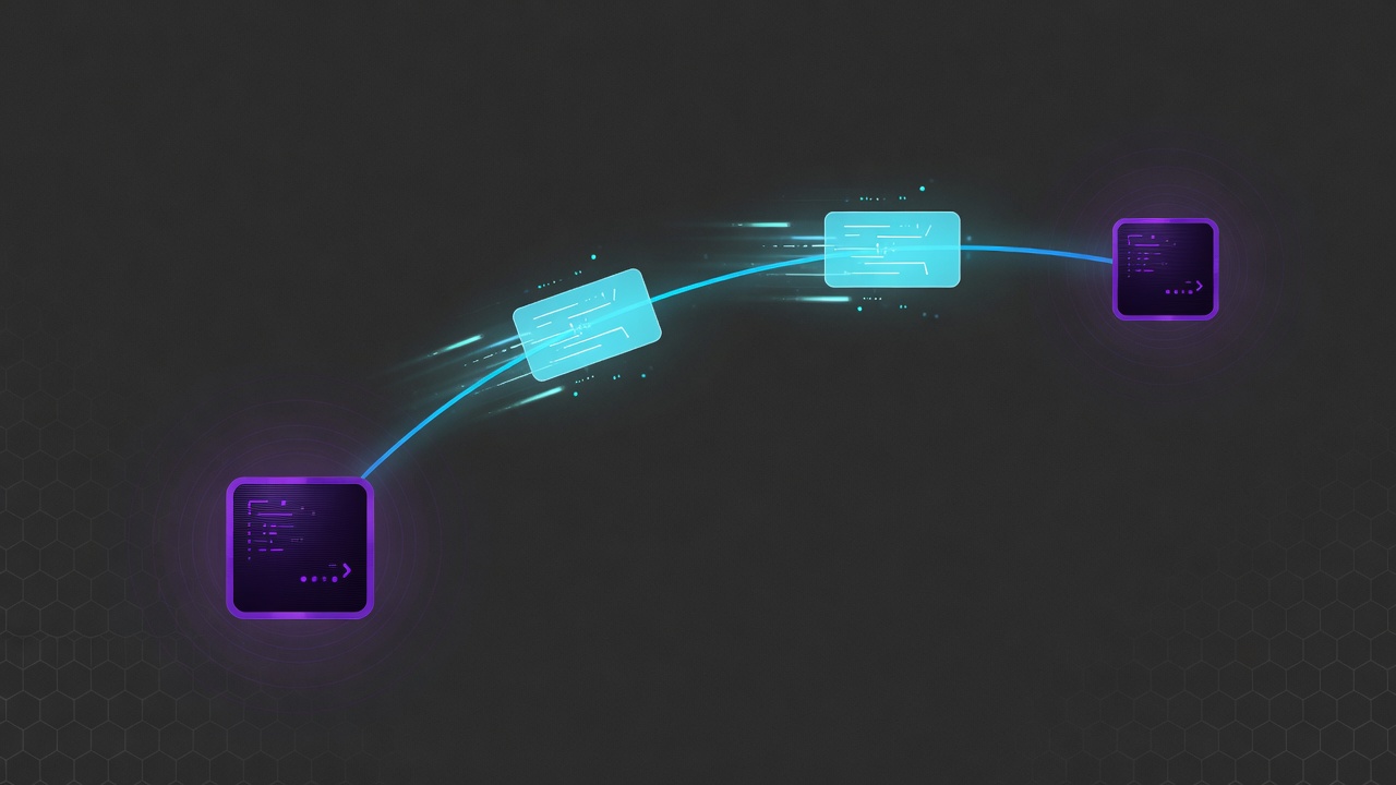 Two terminal nodes exchanging cyan message packets across sessions