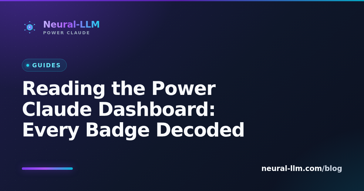 Power Claude VS Code dashboard with annotated badges and indicators