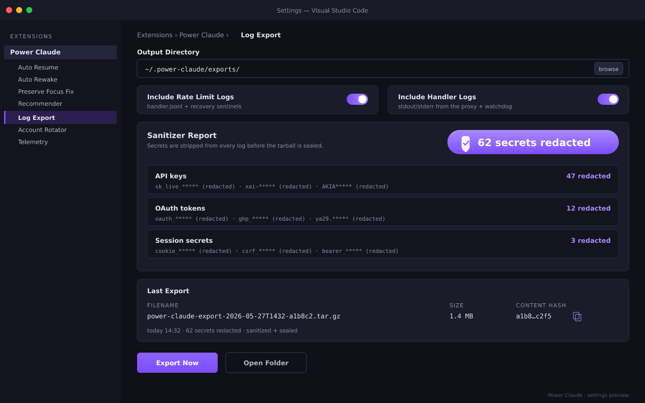 Log Export panel — sanitizer report showing 47 API keys, 12 OAuth tokens, and 3 session secrets redacted from the bundle before write, with the destination path and content hash printed below