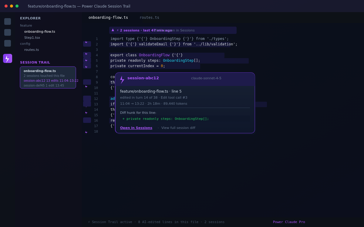 VS Code editor with Power Claude Session Trail gutter icons and CodeLens above functions